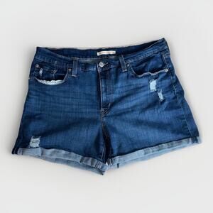 Levi’s Mid Length Denim Shorts Women’s 33 Blue Distressed Cuffed Hem Casual